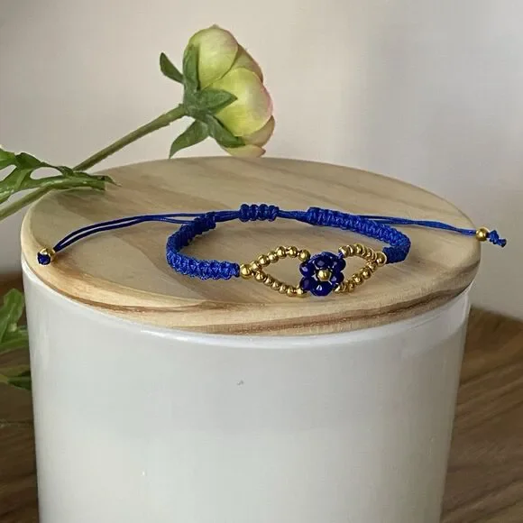 Handmade Blue Macrame Bracelet Gold Beads Flower Adjustable Boho Jewelry Gift - Picture 12 of 12